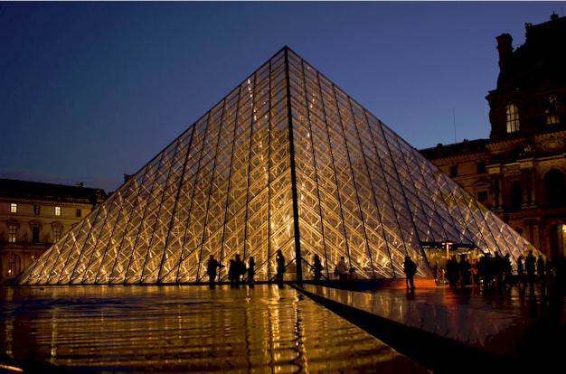 The Pyramid which adorns the central courtyard of the Louvre museum in Paris, France